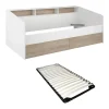 Lit 90 x 190/200 cm avec rangements - Blanc et naturel + Sommier - PAULETTE
