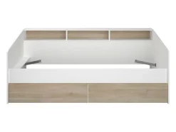 Lit 90 x 190/200 cm avec rangements - Blanc et naturel + Sommier + Matelas - PAULETTE