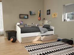 Lit 90 x 190/200 cm avec rangements - Blanc et naturel + Sommier + Matelas - PAULETTE