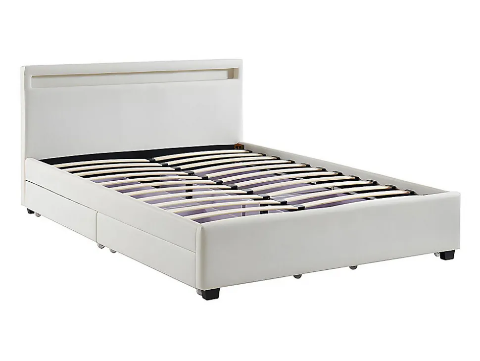 Lit 140 x 190 cm avec rangements - Simili blanc avec LEDs - ALOIS II