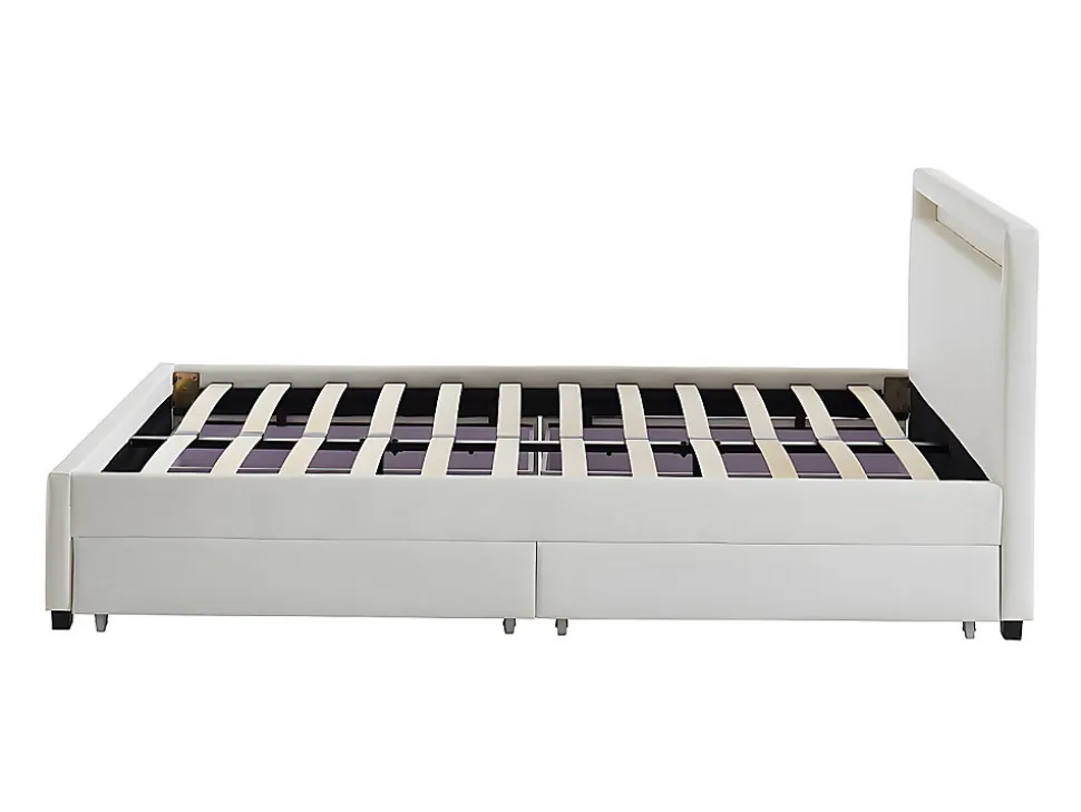 Lit 140 x 190 cm avec rangements - Simili blanc avec LEDs - ALOIS II