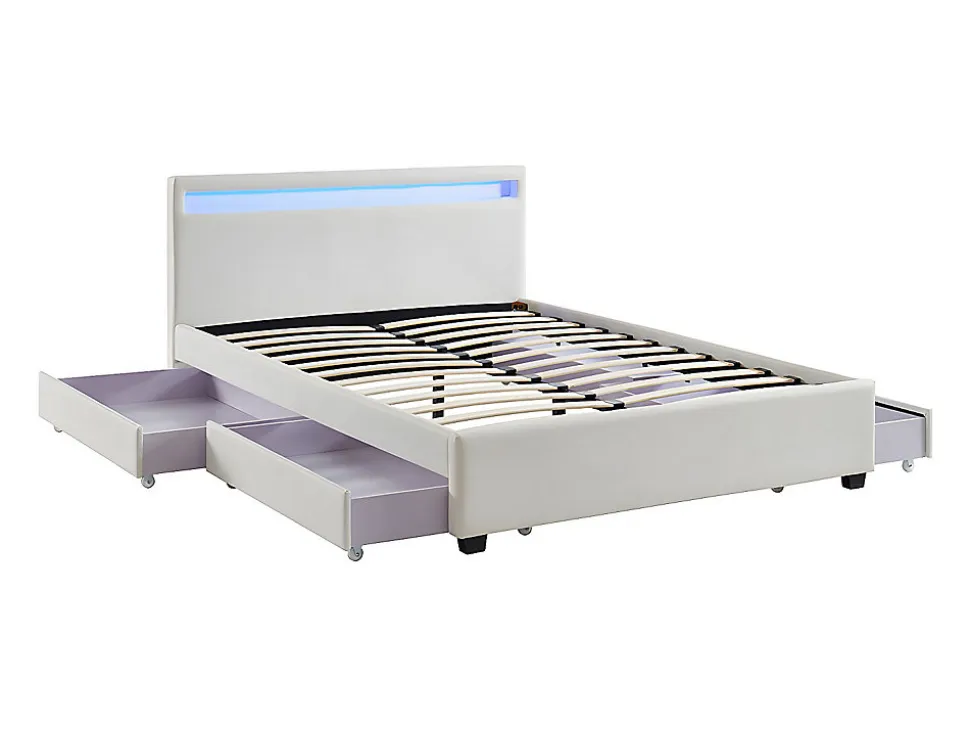 Lit 140 x 190 cm avec rangements - Simili blanc avec LEDs - ALOIS II