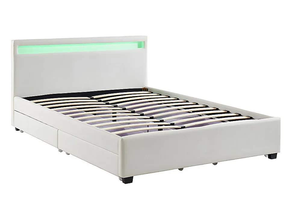 Lit 140 x 190 cm avec rangements - Simili blanc avec LEDs - ALOIS II