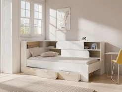 Lit 90 x 190 cm avec rangements - Coloris : Blanc et naturel + Sommier - TAMADU