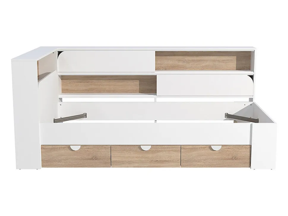 Lit 90 x 190 cm avec rangements - Coloris : Blanc et naturel + Sommier - TAMADU