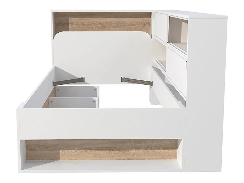 Lit 90 x 190 cm avec rangements - Coloris : Blanc et naturel + Sommier - TAMADU