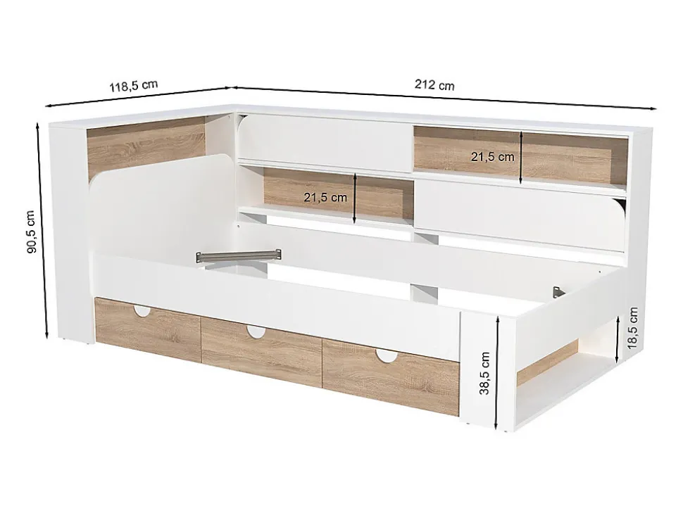 Lit 90 x 190 cm avec rangements - Coloris : Blanc et naturel + Sommier - TAMADU