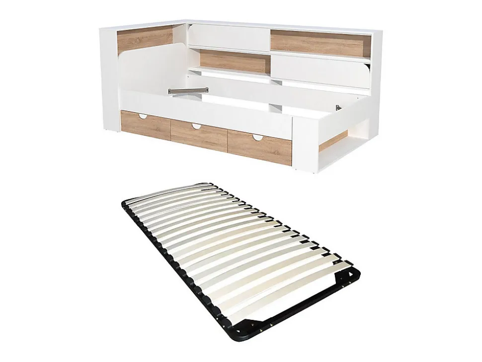 Lit 90 x 190 cm avec rangements - Coloris : Blanc et naturel + Sommier - TAMADU