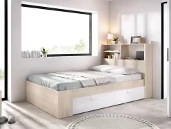Lit 120 x 190 cm avec rangements - Coloris : Naturel et blanc - VARDIEL