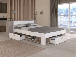 Lit 140 x 190/200 cm avec rangements - Blanc et naturel - KINSELIA