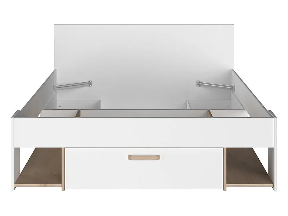 Lit 140 x 190/200 cm avec rangements - Blanc et naturel - KINSELIA