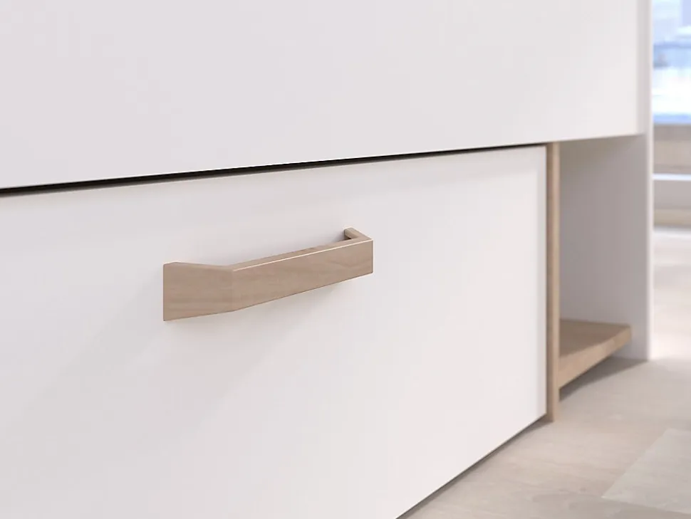 Lit 140 x 190/200 cm avec rangements - Blanc et naturel - KINSELIA