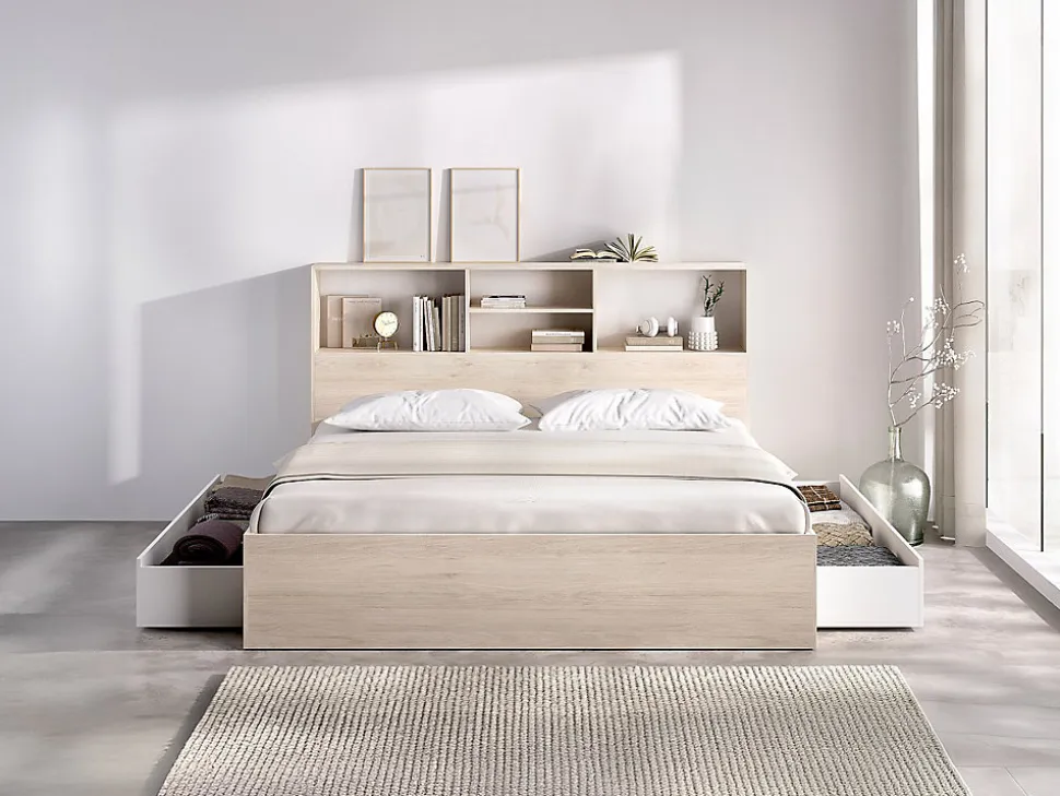 Lit 140 x 190 cm avec rangements - Coloris : Naturel et blanc + Sommier + Matelas - VARDIEL