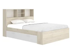 Lit 140 x 190 cm avec rangements - Coloris : Naturel et blanc + Sommier + Matelas - VARDIEL