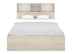 Lit 140 x 190 cm avec rangements - Coloris : Naturel et blanc + Sommier + Matelas - VARDIEL
