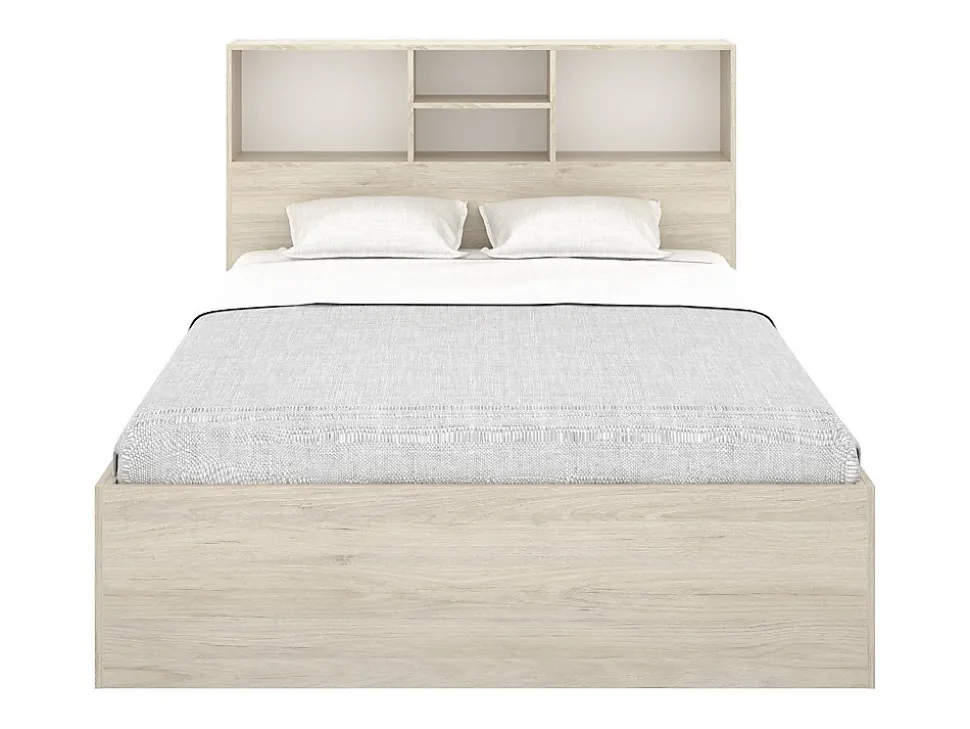 Lit 140 x 190 cm avec rangements - Coloris : Naturel et blanc + Sommier + Matelas - VARDIEL