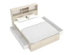 Lit 140 x 190 cm avec rangements - Coloris : Naturel et blanc + Sommier + Matelas - VARDIEL