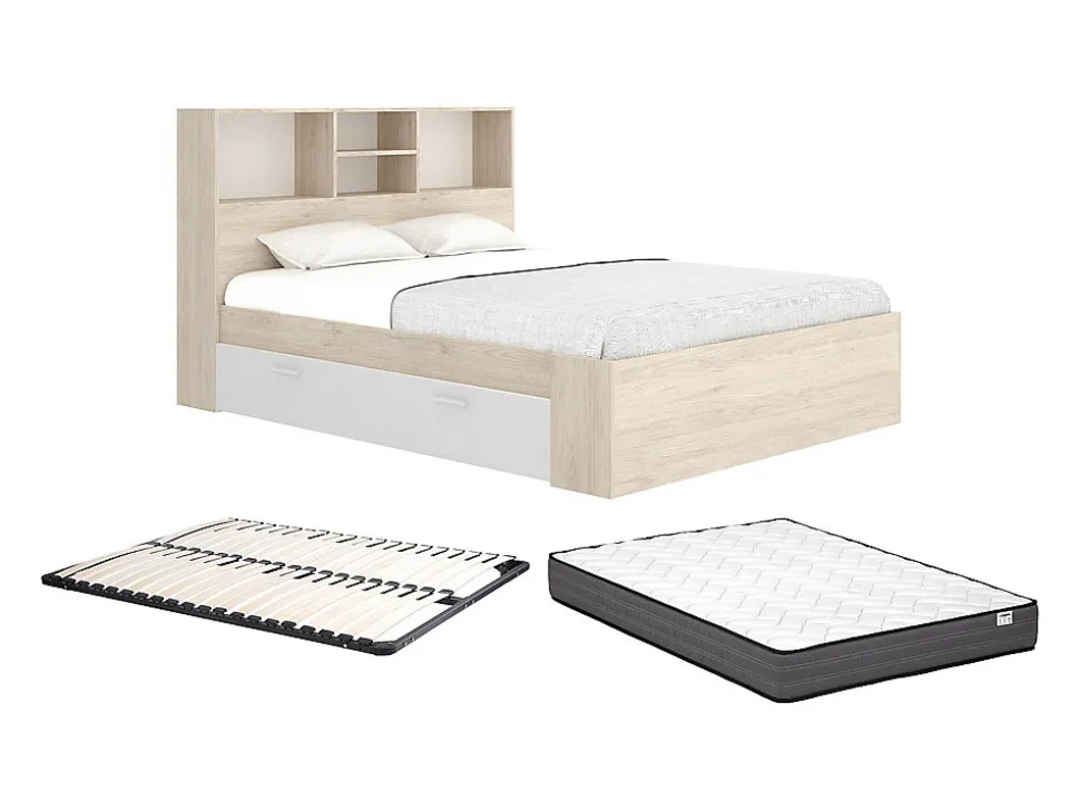 Lit 140 x 190 cm avec rangements - Coloris : Naturel et blanc + Sommier + Matelas - VARDIEL