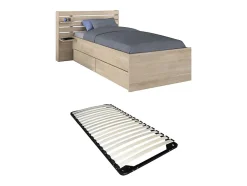 Lit 90 x 190/200 cm avec rangements - Coloris : Naturel + Sommier - TENALIA