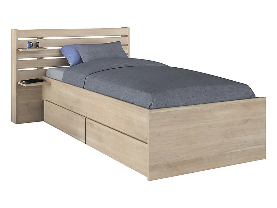 Lit 90 x 190/200 cm avec rangements - Coloris : Naturel + Sommier - TENALIA