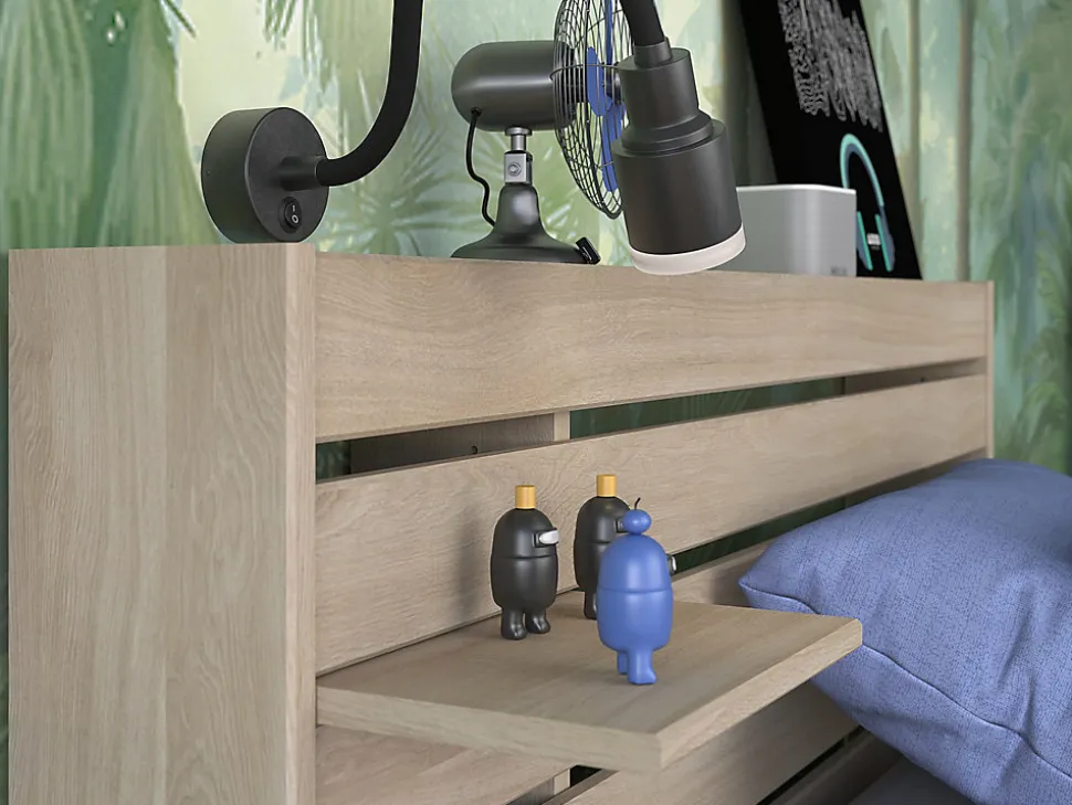 Lit 90 x 190/200 cm avec rangements - Coloris : Naturel + Sommier - TENALIA