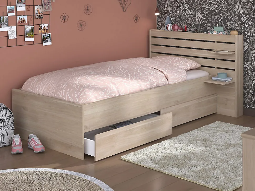 Lit 90 x 190/200 cm avec rangements - Coloris : Naturel + Sommier - TENALIA