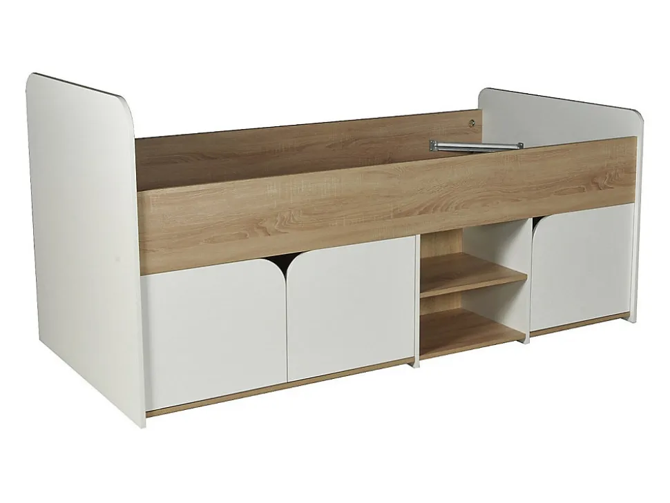 Lit 90 x 190 cm avec rangements - Coloris : Naturel et blanc + Sommier - LOSTYA