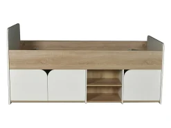 Lit 90 x 190 cm avec rangements - Coloris : Naturel et blanc + Sommier - LOSTYA