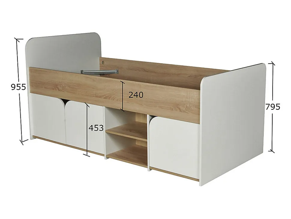 Lit 90 x 190 cm avec rangements - Coloris : Naturel et blanc + Sommier - LOSTYA