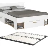 Lit 140 x 190/200 cm avec rangements - Blanc et naturel + Sommier - KINSELIA