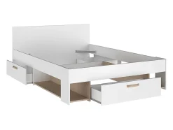 Lit 140 x 190/200 cm avec rangements - Blanc et naturel + Sommier - KINSELIA