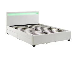 Lit 140 x 190 cm avec rangements - Simili blanc avec LEDs + Matelas - ALOIS II