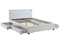 Lit 140 x 190 cm avec rangements - Simili blanc avec LEDs + Matelas - ALOIS II