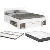 Lit 140 x 190/200 cm avec rangements - Blanc et naturel + Sommier + Matelas - KINSELIA