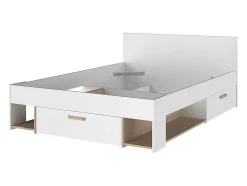 Lit 140 x 190/200 cm avec rangements - Blanc et naturel + Sommier + Matelas - KINSELIA