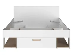 Lit 140 x 190/200 cm avec rangements - Blanc et naturel + Sommier + Matelas - KINSELIA