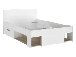 Lit 120 x 190/200 cm avec rangements - Blanc et naturel + Sommier - KINSELIA
