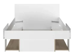 Lit 120 x 190/200 cm avec rangements - Blanc et naturel + Sommier - KINSELIA