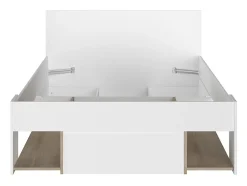 Lit 120 x 190/200 cm avec rangements - Blanc et naturel + Sommier - KINSELIA