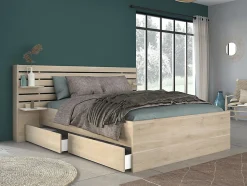 Lit 160 x 200 cm avec rangements - Coloris : Naturel + Sommier - TENALIA II