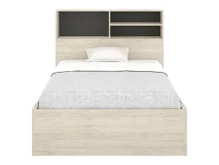 Lit 120 x 190 cm avec rangements - Coloris : Naturel et anthracite + Sommier + Matelas - VARDIEL