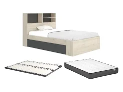 Lit 120 x 190 cm avec rangements - Coloris : Naturel et anthracite + Sommier + Matelas - VARDIEL