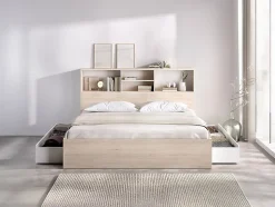 Lit 140 x 190 cm avec rangements - Coloris : Naturel et blanc + Sommier - VARDIEL