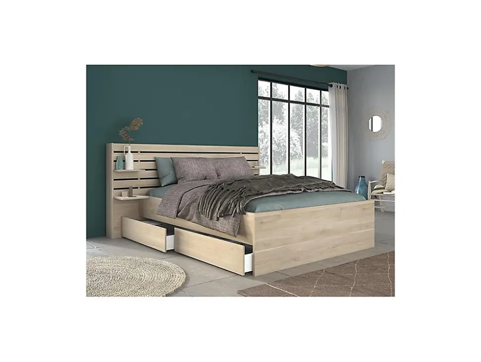 Lit 160 x 200 cm avec rangements - Coloris : Naturel - TENALIA II
