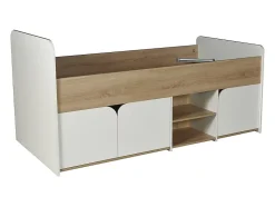 Lit 90 x 190 cm avec rangements - Coloris : Naturel et blanc + Sommier + Matelas - LOSTYA