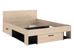 Lit 140 x 190/200 cm avec rangements - Coloris : Naturel et noir + Sommier - KINSELIA
