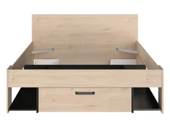 Lit 140 x 190/200 cm avec rangements - Coloris : Naturel et noir + Sommier - KINSELIA