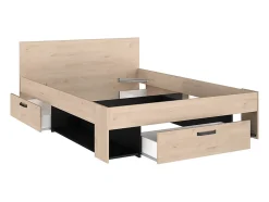 Lit 140 x 190/200 cm avec rangements - Coloris : Naturel et noir + Sommier - KINSELIA