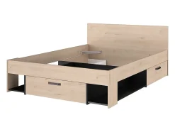 Lit 140 x 190/200 cm avec rangements - Coloris : Naturel et noir + Sommier - KINSELIA