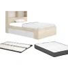 Lit 120 x 190 cm avec rangements - Coloris : Naturel et blanc + Sommier + Matelas - VARDIEL
